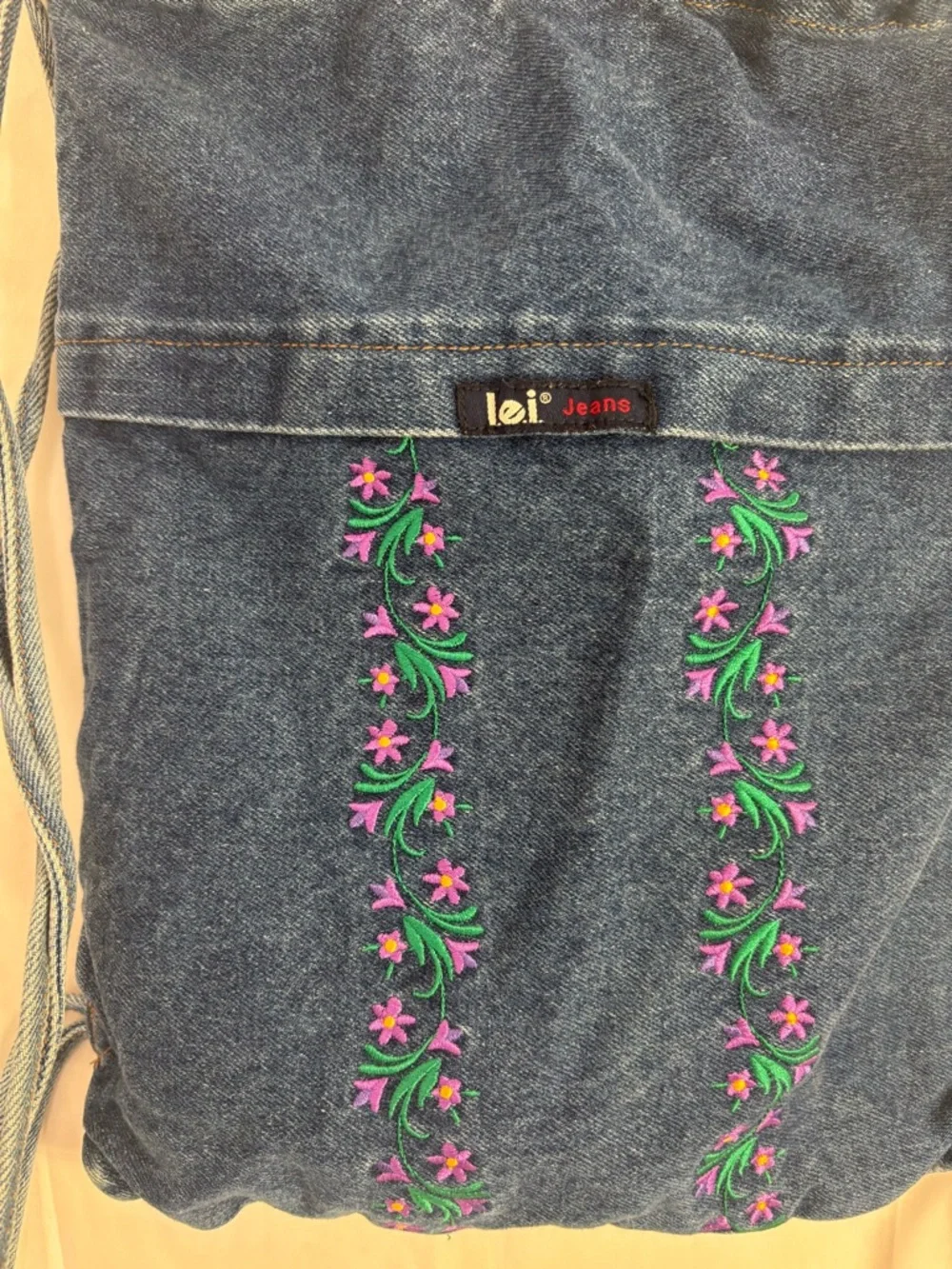 Y2K Embroidered Denim Drawstring Backpack LEI - Picture 6 of 7